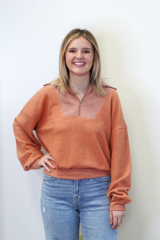 Kenley Quarter Zip Pullover Collared Neckline Long Cuffed Sleeves Ribbed Hem Colors: Clay, Relaxed Fit Full Length 60% Polyester, 40% Rayon