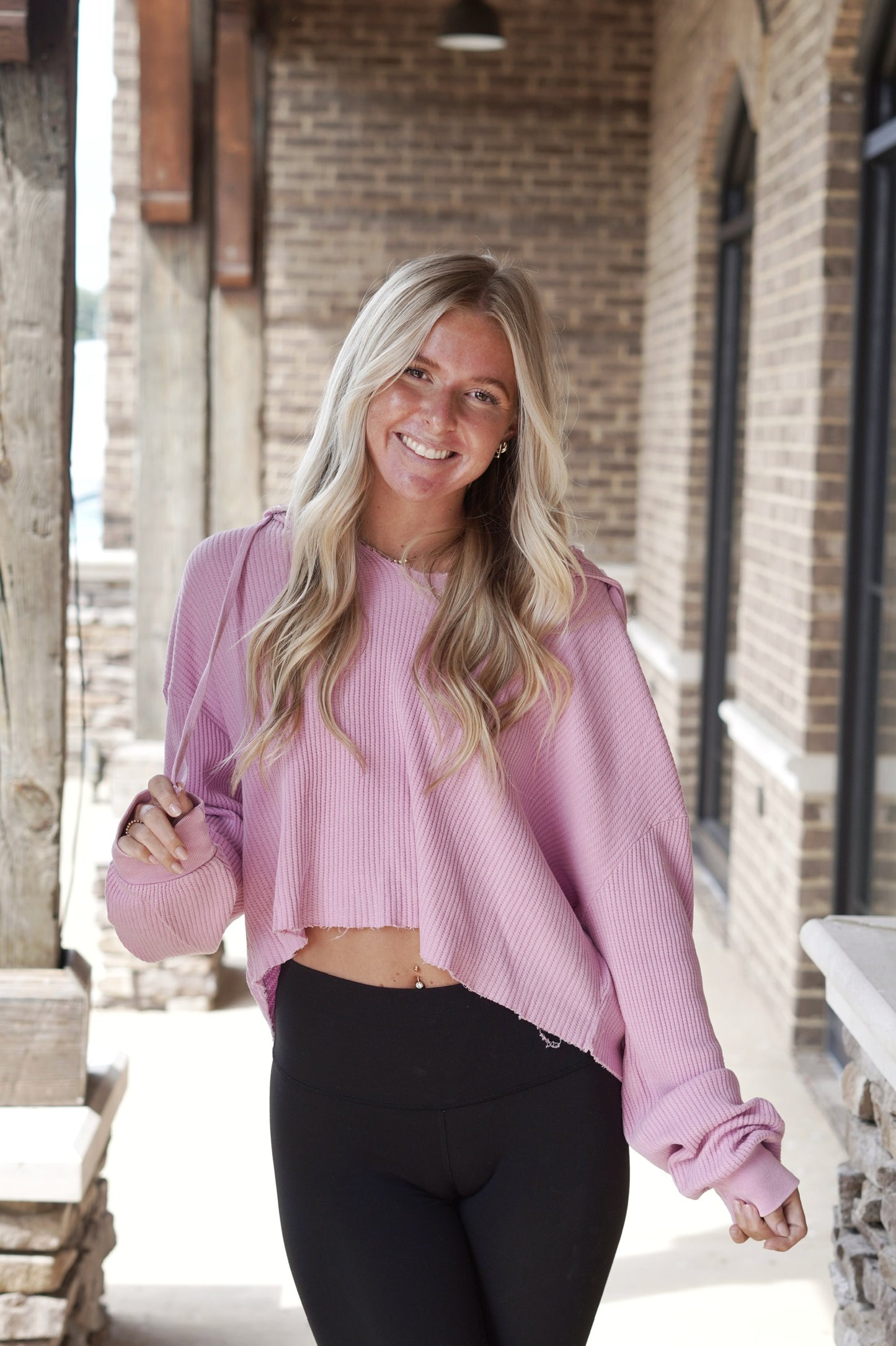 Cozy Cropped Knit Hoodie Hoodie With Draw Strings Long Sleeves Cropped Length Knit Material Raw Hem Colors: Rose Pink Relaxed Fit Lightweight Fabric Content: 100% Cotton