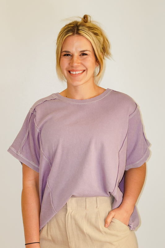 Mollie Mineral Wash Top Short Sleeved Available in Purple and Lime 95% Cotton 5% Spandex Hand Wash Cold, Water Separately, Do Not Bleach, Hang To Dry Model is wearing size medium
