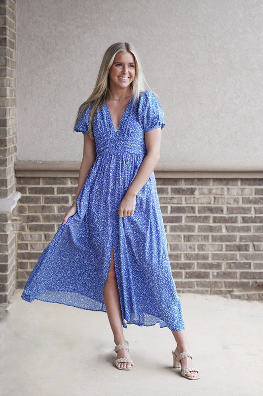 Brinley Blue Floral Print Maxi dress V Neckline Button Down Short Sleeve Floral Print Color: Blue Maxi Dress Dress Underlining 100% Rayon