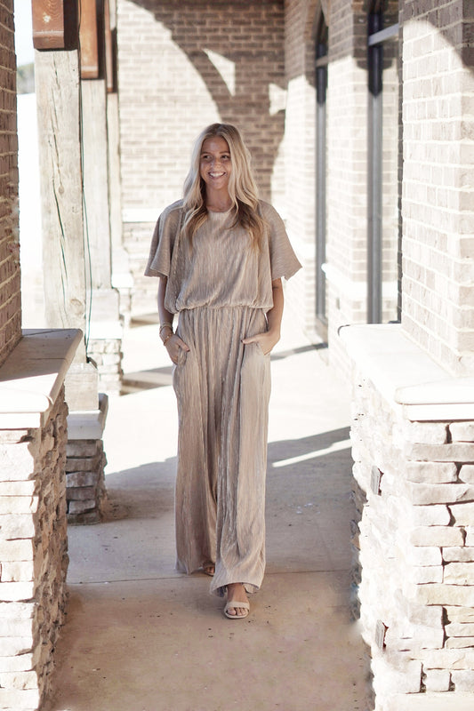 Gal in Gold Metallic Wide Leg Jumpsuit High Round Neckline Short Flutter Sleeves Cinched Waist Full Length Wide Legs Color: Metallic Silver and Gold 100% Polyester