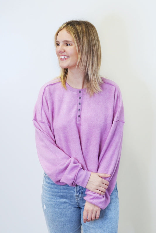 Hello Henley Super Soft Top Round Neckline Long Cuffed Sleeves Halfway Button Down  Colors: Plum,  Skimmer Length Relaxed Fit 60% Polyester, 40% Rayon