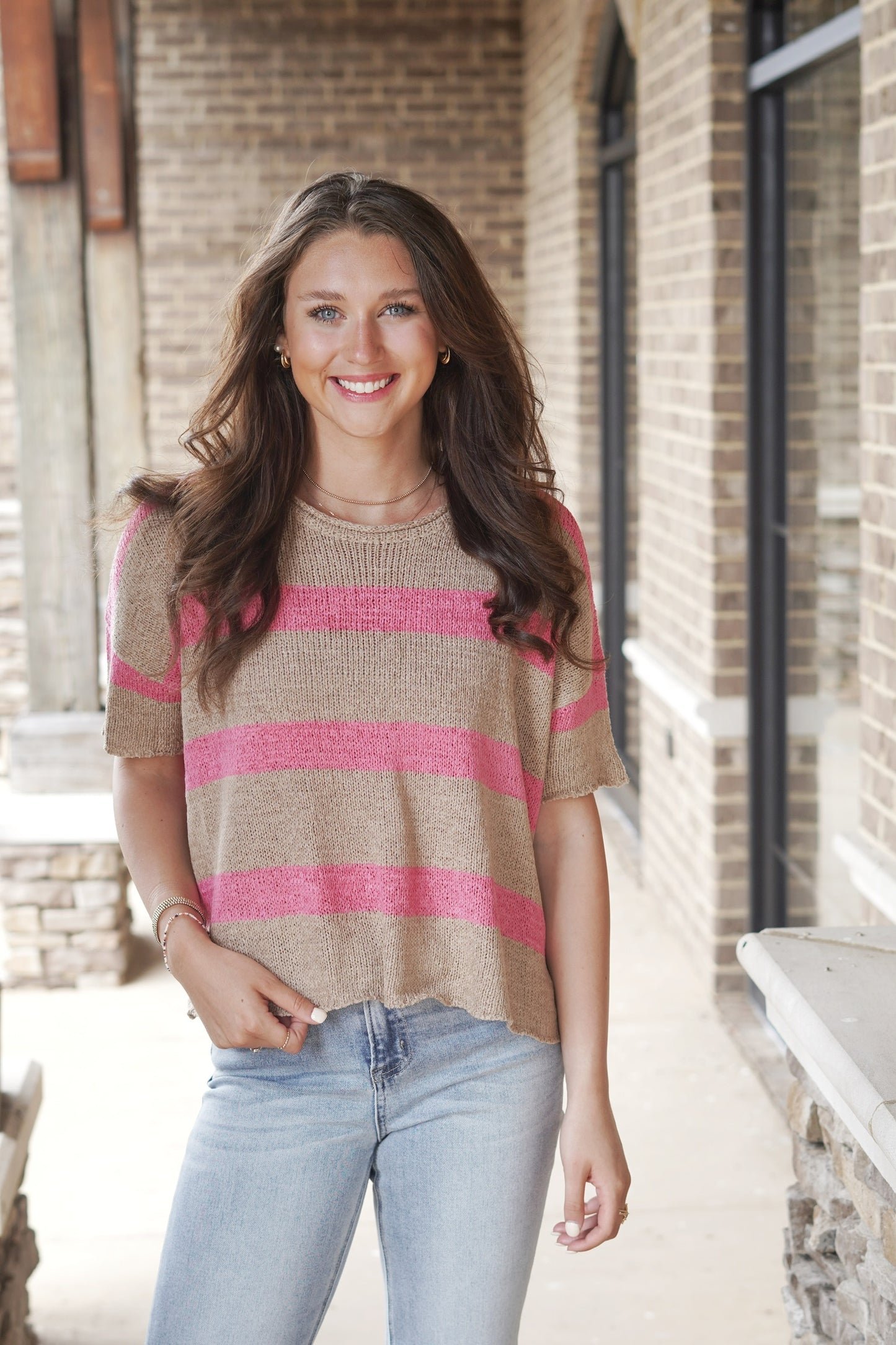 Not a Worry Knit Striped Top Round Neckline Short Sleeves Knit Material Color: Pink and Mocha Striped Full Length Relaxed Fit 65% Acrylic, 35% Nylon