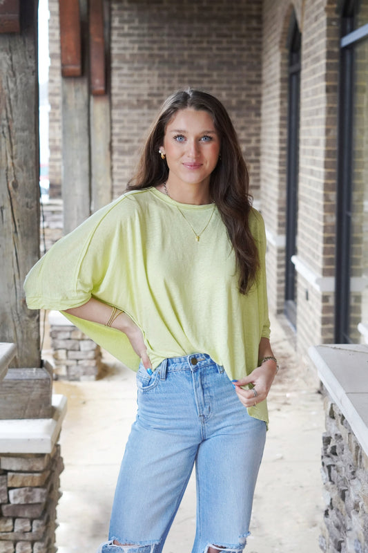 <ul> <li>Ready for It Relaxed Tee</li> <li>Crew Neckline</li> <li>Short Sleeves</li> <li>Inside Out Raw Hem Stitching Detail</li> <li>Colors: Kiwi Lime, </li> <li>Full Length</li> <li>Relaxed Fit</li> <li>45% Linen, 55% Rayon</li> </ul>
