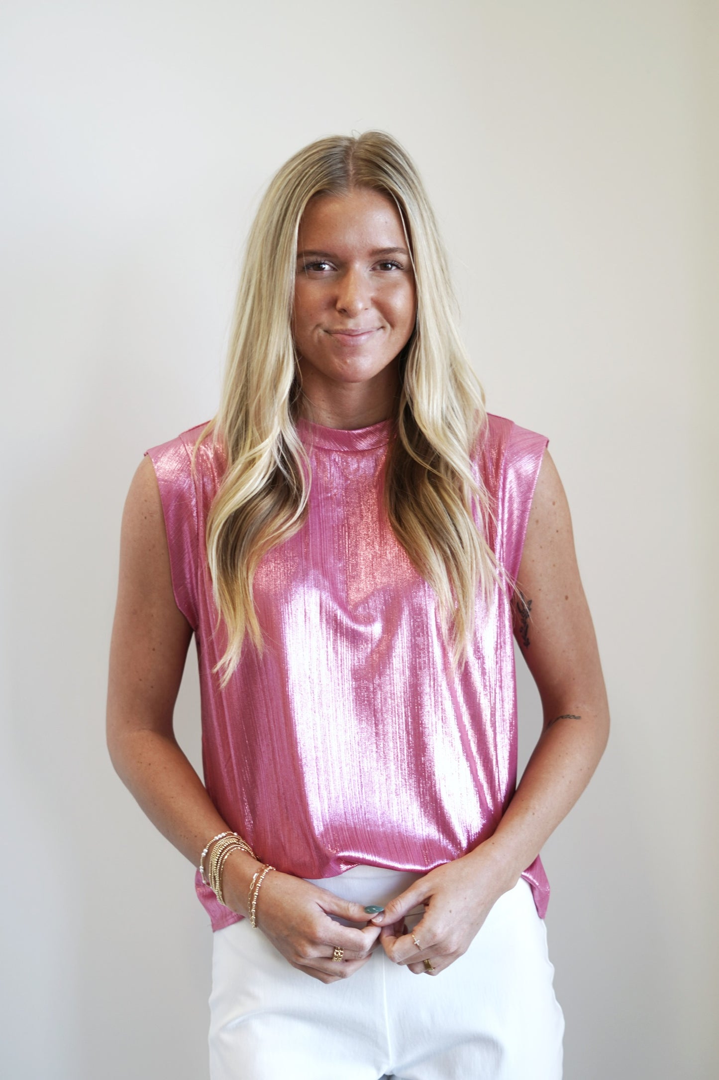 The Perfect Pink Shimmery Top Round Neckline Cap Sleeves Shimmery Feature Color: Pink Relaxed Fit Full Length 95% Polyester, 5% Spandex