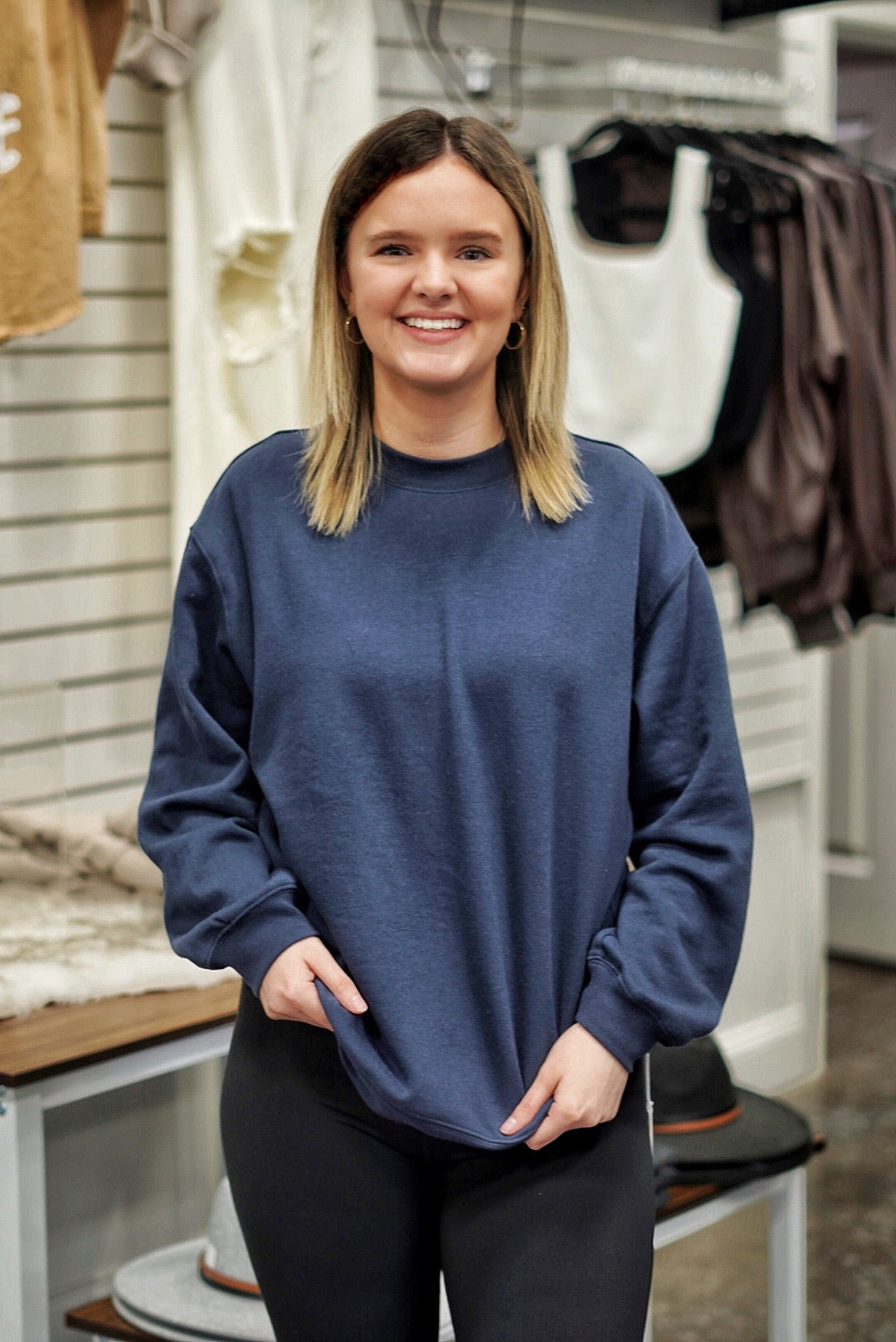 Always on the Go Oversized Sweatshirt Crew Neckline Long Cuffed Sleeves Colors: Inca Oversized Fit and Length Signature Fleece: 60% Cotton, 40% polyester
