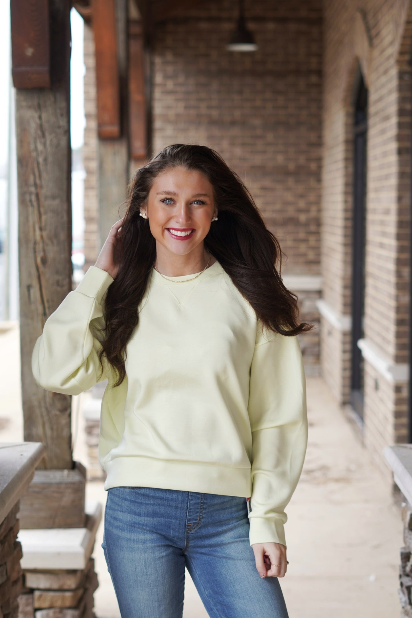 Spanx Air Essentials Crew Neck in Lemon Lime Crew Neckline Long Cuffed Sleeves Color: Lemon Lime Relaxed Fit Full Length 47% Modal, 46% Polyester, 7% Elastane