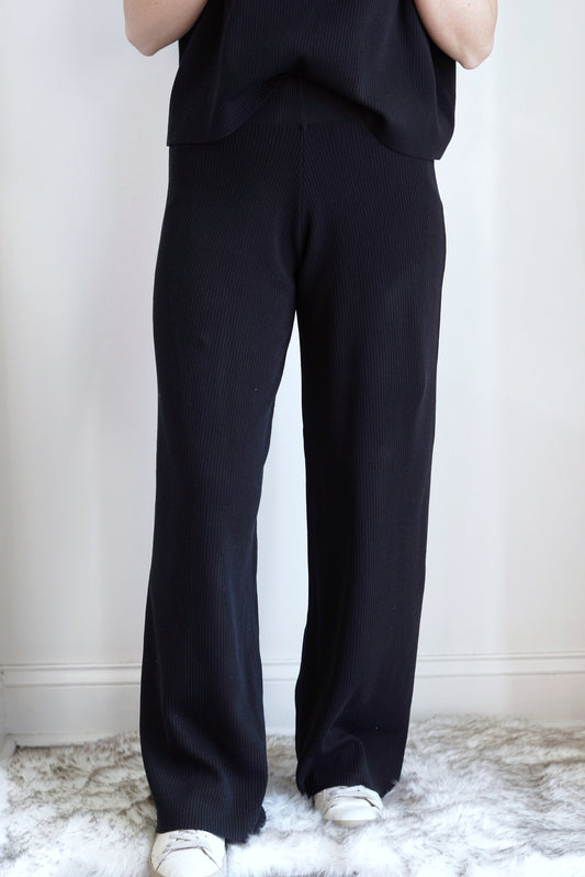 Leonie Sweater Pants Elastic Thick Waistband Straight Leg Double Knit Material Color: Black Full Length 80% Acrylic, 20% Polyester