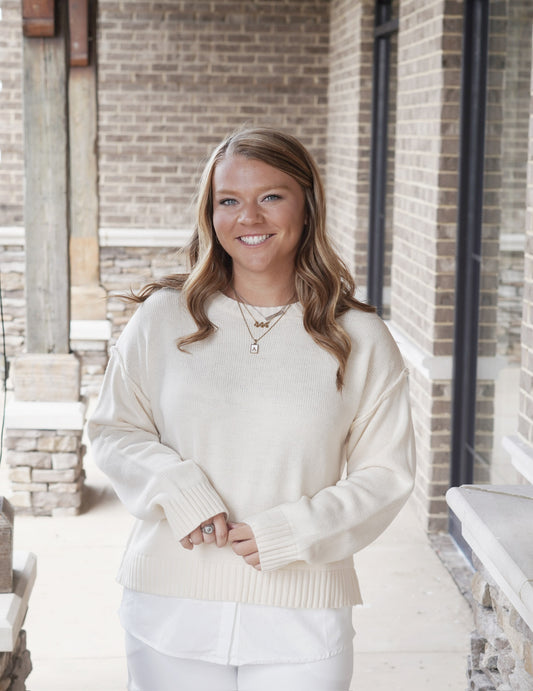 Luna Layered Sweater Shirt Crew Neckline Long Cuffed Sleeves White Shirt Layered Look Color: Warm Ivory Relaxed Fit Full Length 100% Acrylic