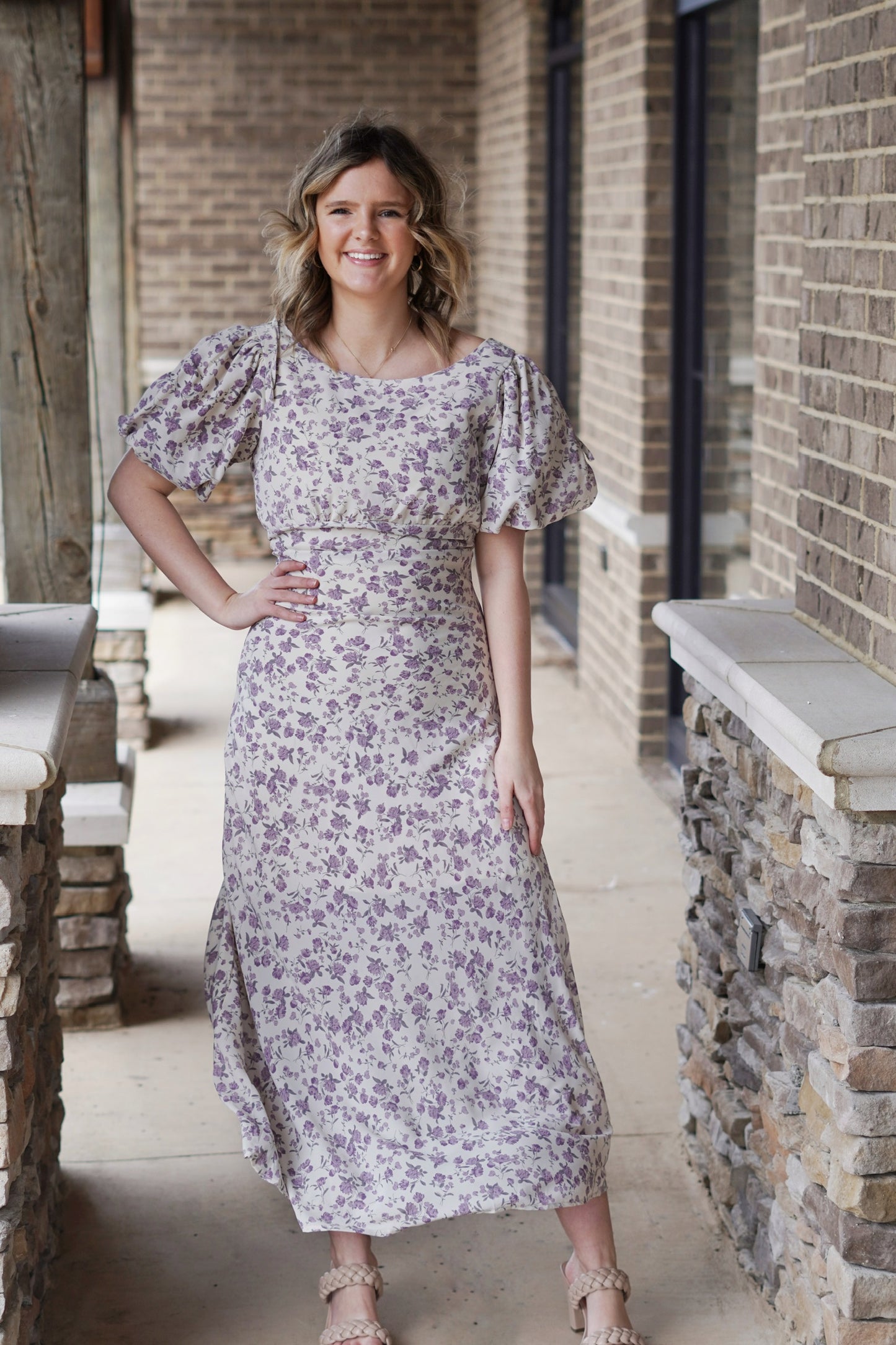 Priscilla Puff Sleeve Floral Dress Round Neckline Puff Short Sleeves Open Scoop Back Back Zipper Closure Full Length Dress Purple Floral Print 100% Polyester, 100% Rayon
