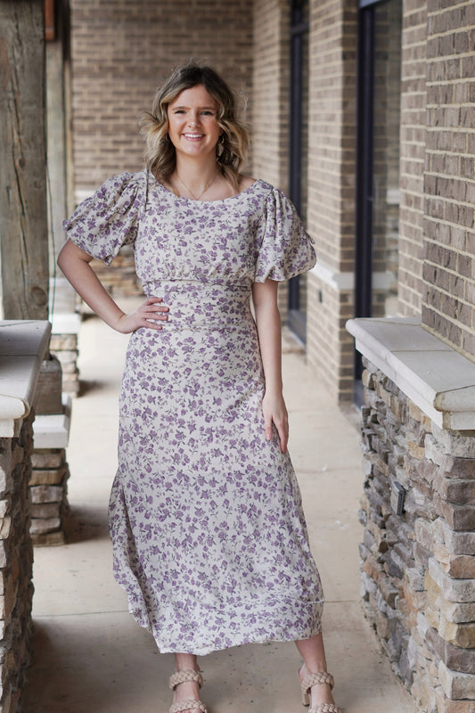 Priscilla Puff Sleeve Floral Dress Round Neckline Puff Short Sleeves Open Scoop Back Back Zipper Closure Full Length Dress Purple Floral Print 100% Polyester, 100% Rayon