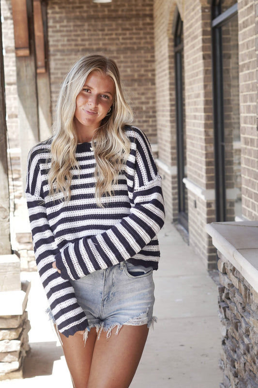 Callie Knit Striped Sweater Scallop Trim Neckline Knit Sweater Striped Color: Navy Loose Fit Long Sleeves Fabric Content: 55% Acrylic, 45% Cotton