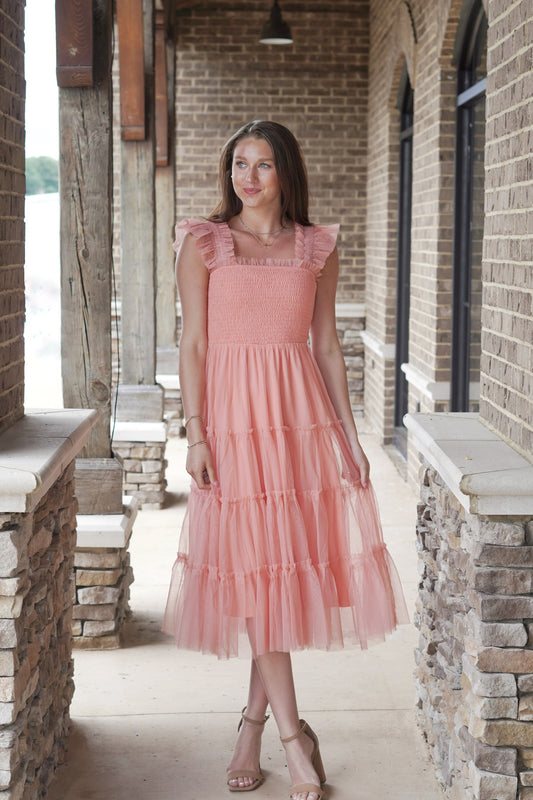 Tahiti Tulle Tiered Maxi Dress Square Neckline Sleeveless Tulle Lined Thick Straps Smocked Bodice Tiered Ruffle Design Tulle Detailed Color: Coral Midi Length 100% Polyester