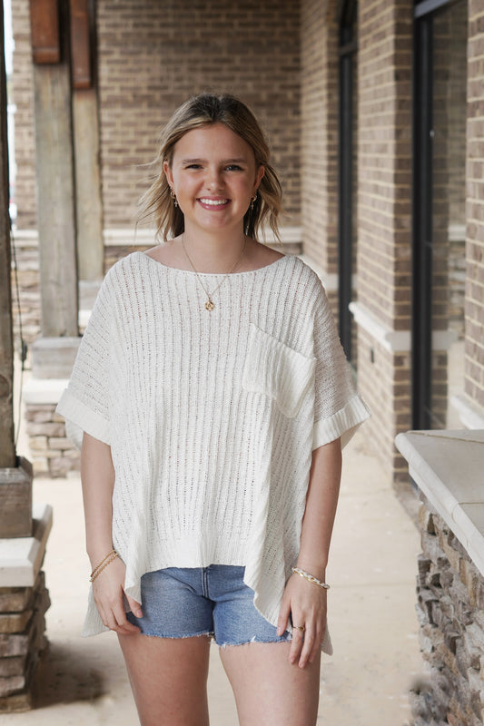 <ul> <li>Rory White Knitted Short Sleeve Top</li> <li>Round Neckline</li> <li>Short Sleeves</li> <li>Cuffed Sleeve Detail</li> <li>Knitted Top</li> <li>Oversized</li> <li>Color: White</li> <li>Full Length</li> <li>See Through</li> <li>Pocket On Chest</li> <li>Side Slits On The Sides</li> <li>Fabric Content: 75% Acrylic, 25% Nylon</li> </ul>