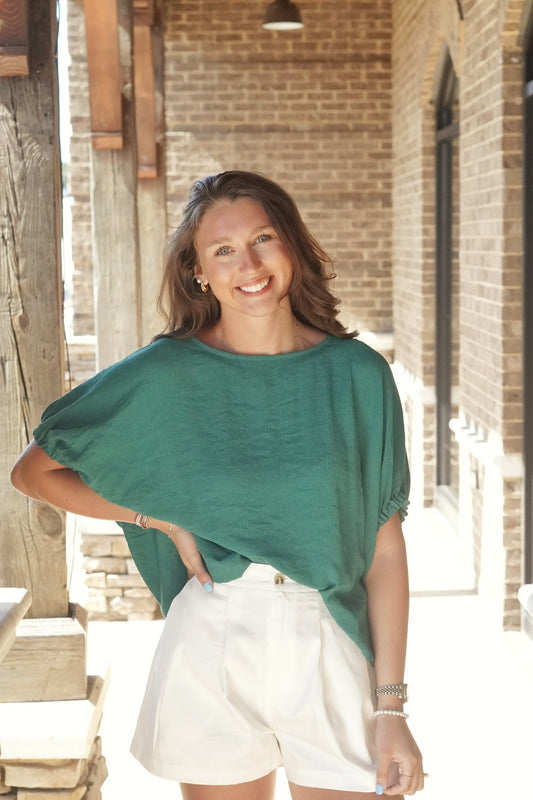 Emmie Elastic Sleeve Blouse Top Round Neckline Short Elastic Sleeves Light Weight Material Full Length Relaxed Fit 65% rayon, 35% polyester hunter green color