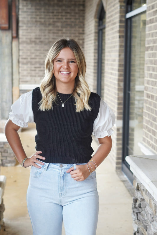 Lina Layered Black Sweater Vest Top Crew Neckline Short White Cinched Puff Sleeves Black Sweater Vest Skimmer Length Fitted 60% Cotton, 40% Acrylic