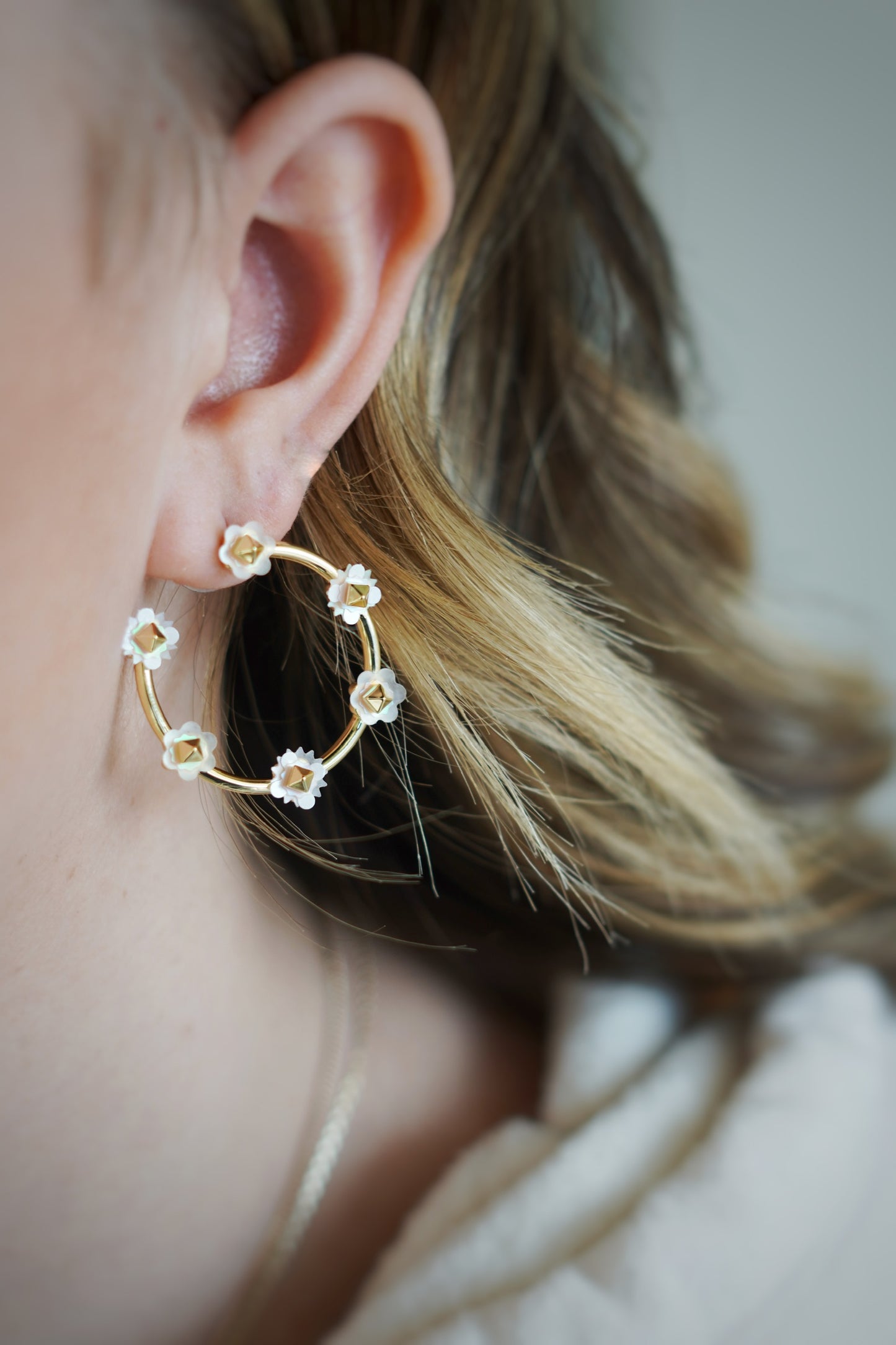 Metal14k Yellow Gold Over Brass MaterialIridescent White Mix ClosureEar Post Size1.25"L X 1.15"W