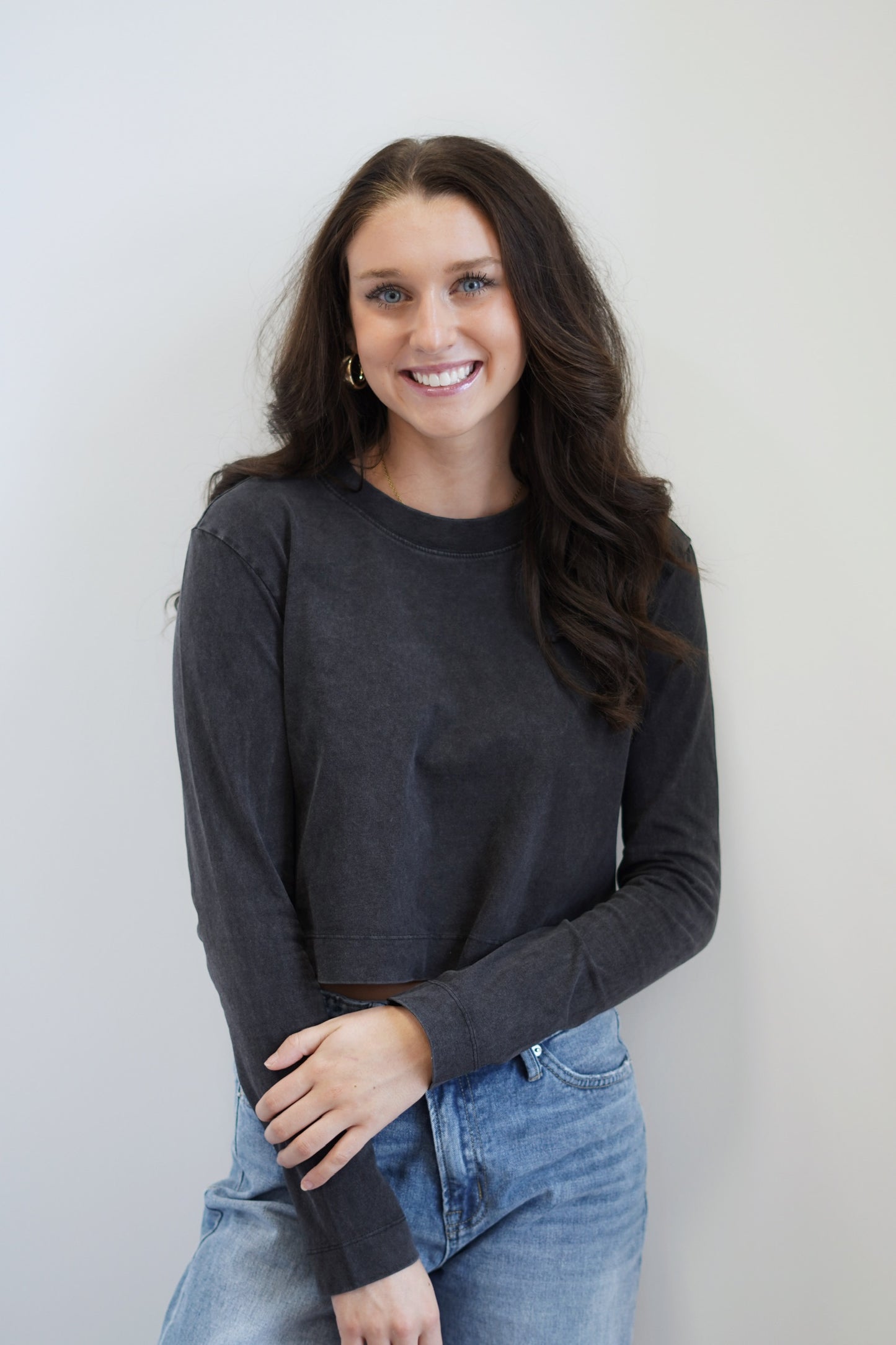 Sloane Long Sleeve Top Crew Neckline Long Sleeves Washed Black Color Skimmer Length Relaxed Fit 100% Cotton