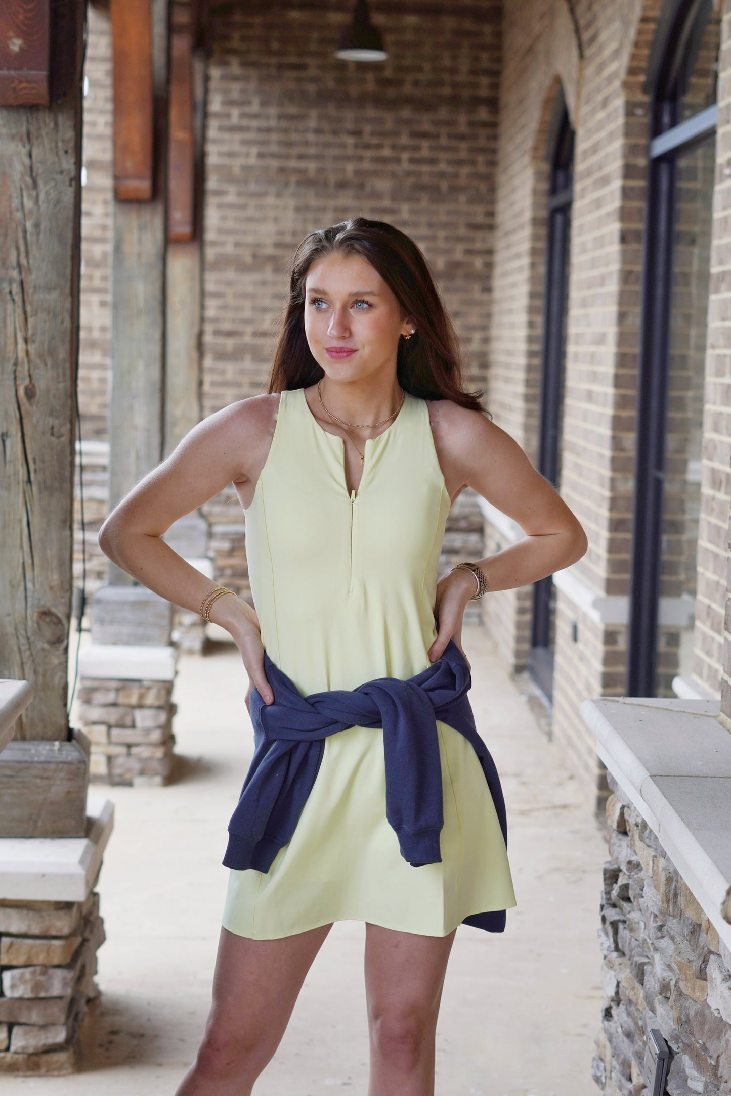 Spanx Get Moving Zip Front Active Dress Sleeveless Round Neck w/ Zipper Detail Tight Undershorts Color: Lemon Lime Fitted Above the Knee Length Hidden Phone Pocket 68% Nylon, 32% Elastane.