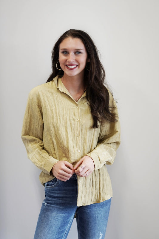 Beatrice Button Down Top Collared Neckline Long Cuffed Sleeves Dusty Yellow Subtle Shiny Factor Button Up Full Length Relaxed Fit 73% Polyester, 27% Nylon