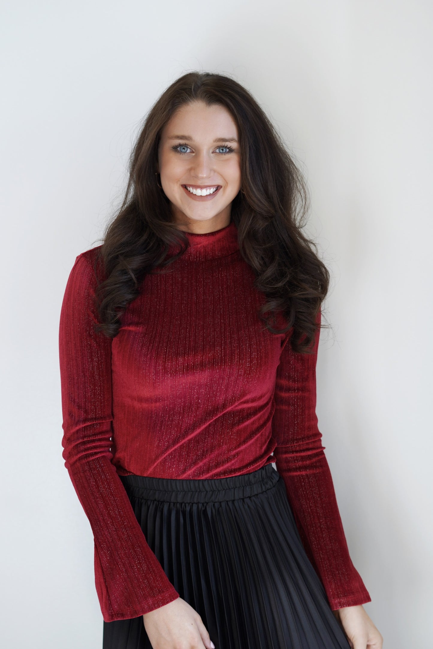 Shiny Chiffon Velvet Top Mock Neckline Long Bell Sleeves Burgundy Color Chiffon and Velvet Fabric Fitted Skimmer Length 88% Polyester, 6% Spandex, 67 Cannetils