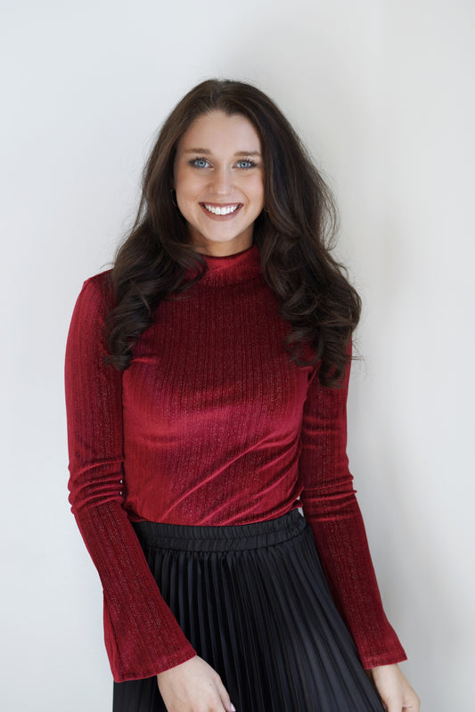 Shiny Chiffon Velvet Top Mock Neckline Long Bell Sleeves Burgundy Color Chiffon and Velvet Fabric Fitted Skimmer Length 88% Polyester, 6% Spandex, 67 Cannetils