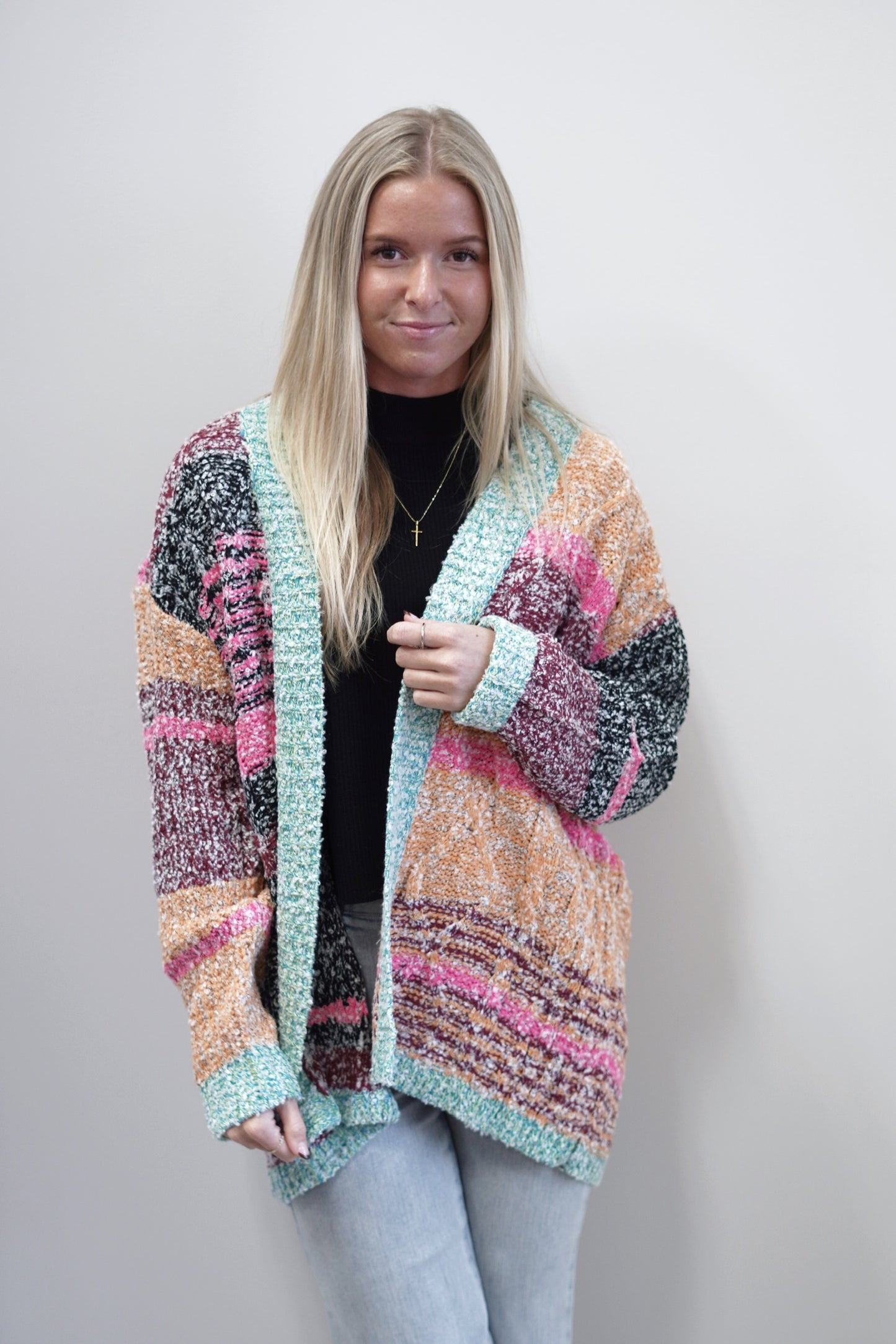 Mae Multi-Colored Cardigan Long Sleeves Knit Material Multi-Colored Open Oversized Length and Fit 95% Acrylic, 5% Polyester