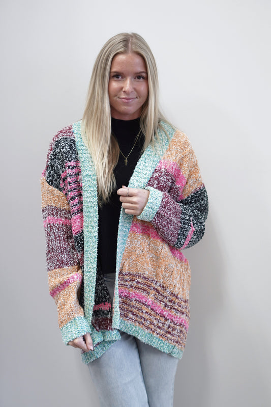 Mae Multi-Colored Cardigan Long Sleeves Knit Material Multi-Colored Open Oversized Length and Fit 95% Acrylic, 5% Polyester