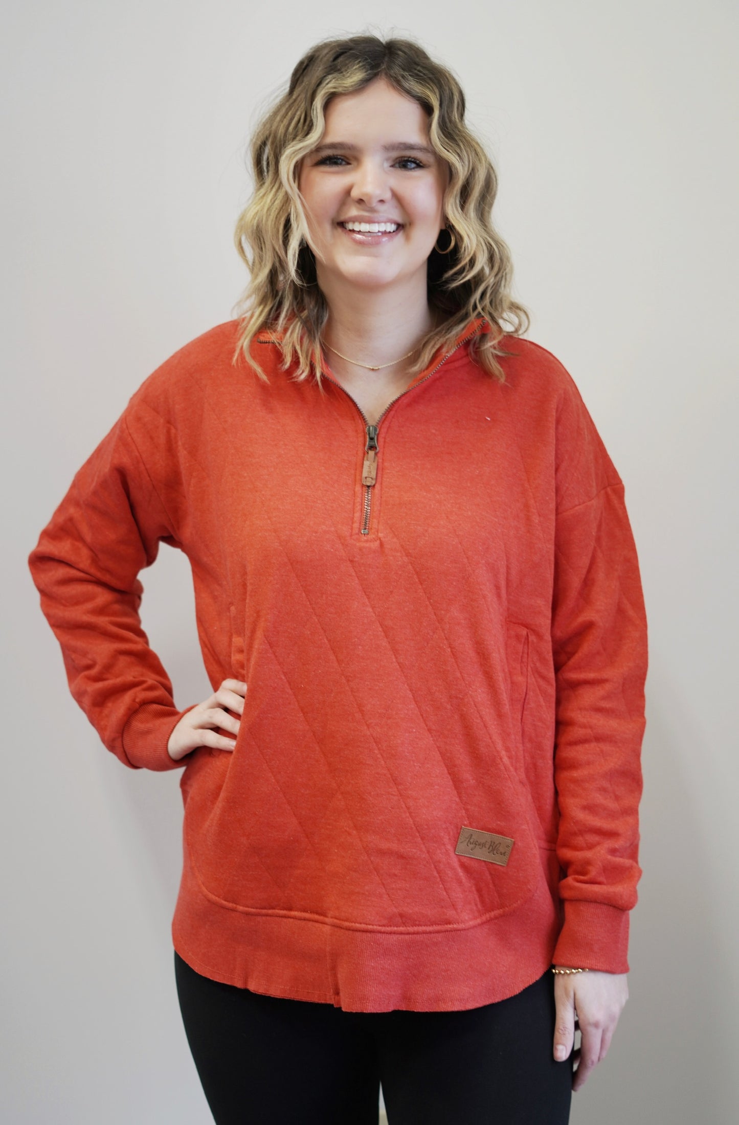 Kenz Quarter Zip Quilted Pocket Pullover Zip Up Collared Neckline Long Cuffed Sleeves Quilted Fabric Colors: Red Ribbed and Raw Hemline Full Length Relaxed Fit 50% Polyester, 50% Cotton