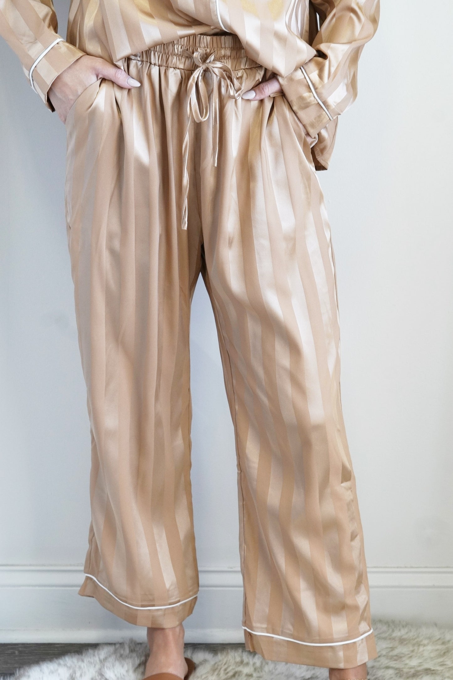 Elastic Waistband w/ Drawstring Two Toned Stripes Colors: Gold White Trim Full Length Pants Relaxed Fit 100% Polyester