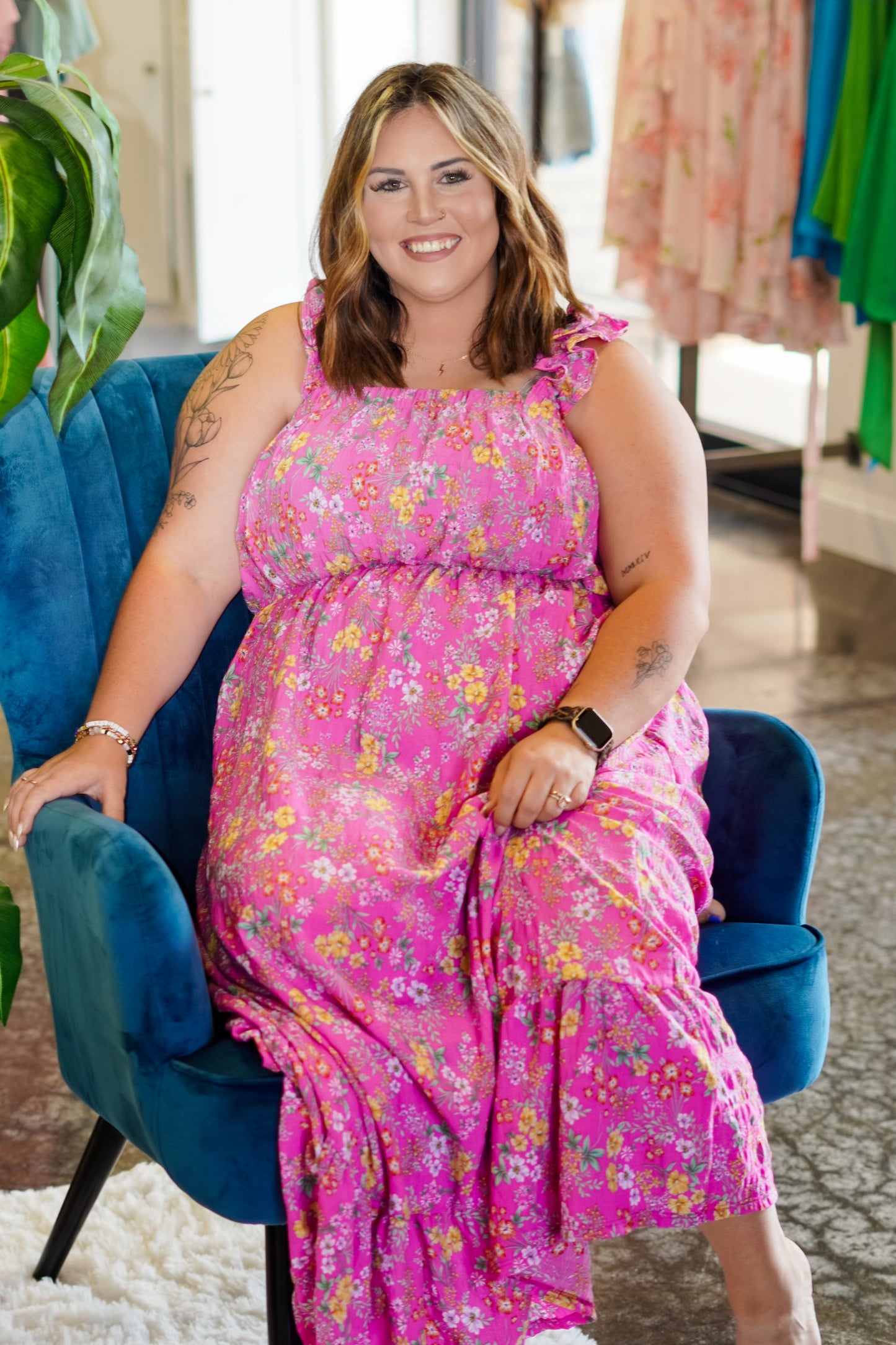 Sasha Lush Floral Bubble Maxi Dress Square Neckline Ruffle Straps Empire Waist Maxi Length Sizes 1XL-3XL 98% Polyester/2% Spandex