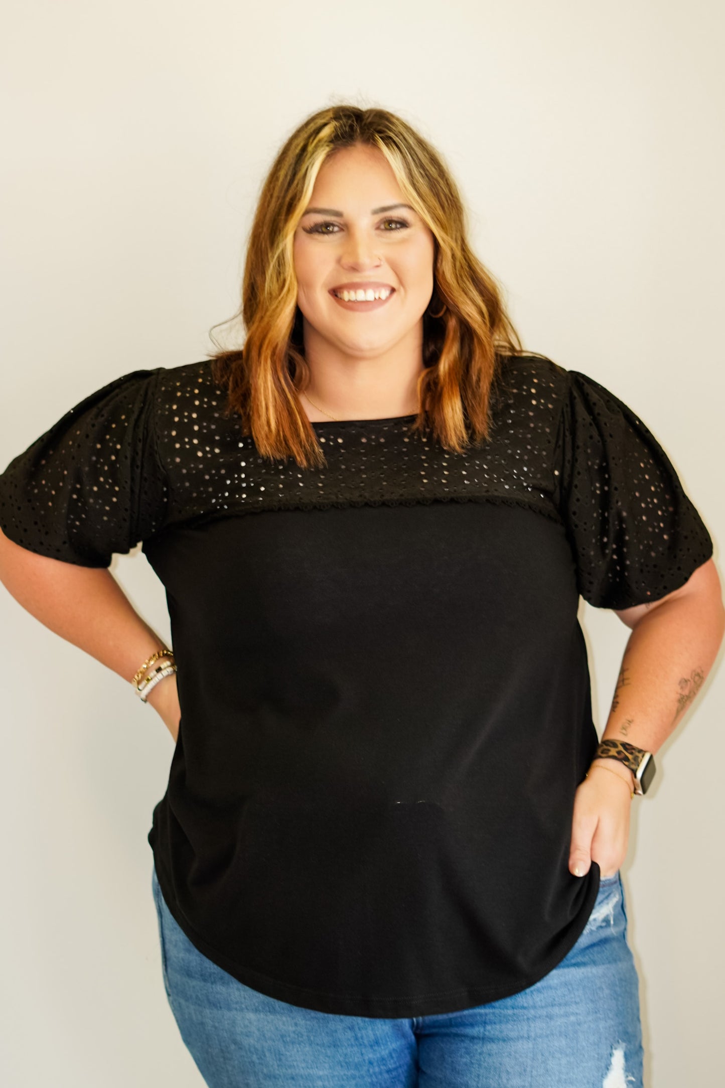 Penny Lush Eyelet Bubble Sleeve Blouse Eyelet detail on sleeves and neckline Round Neckline Relaxed Fit Longer Length Sizes 1XL-3XL Body: 62% Polyester, 34% Rayon, 4% Spandex/Contrast: 97% Polyester, 3% Spandex