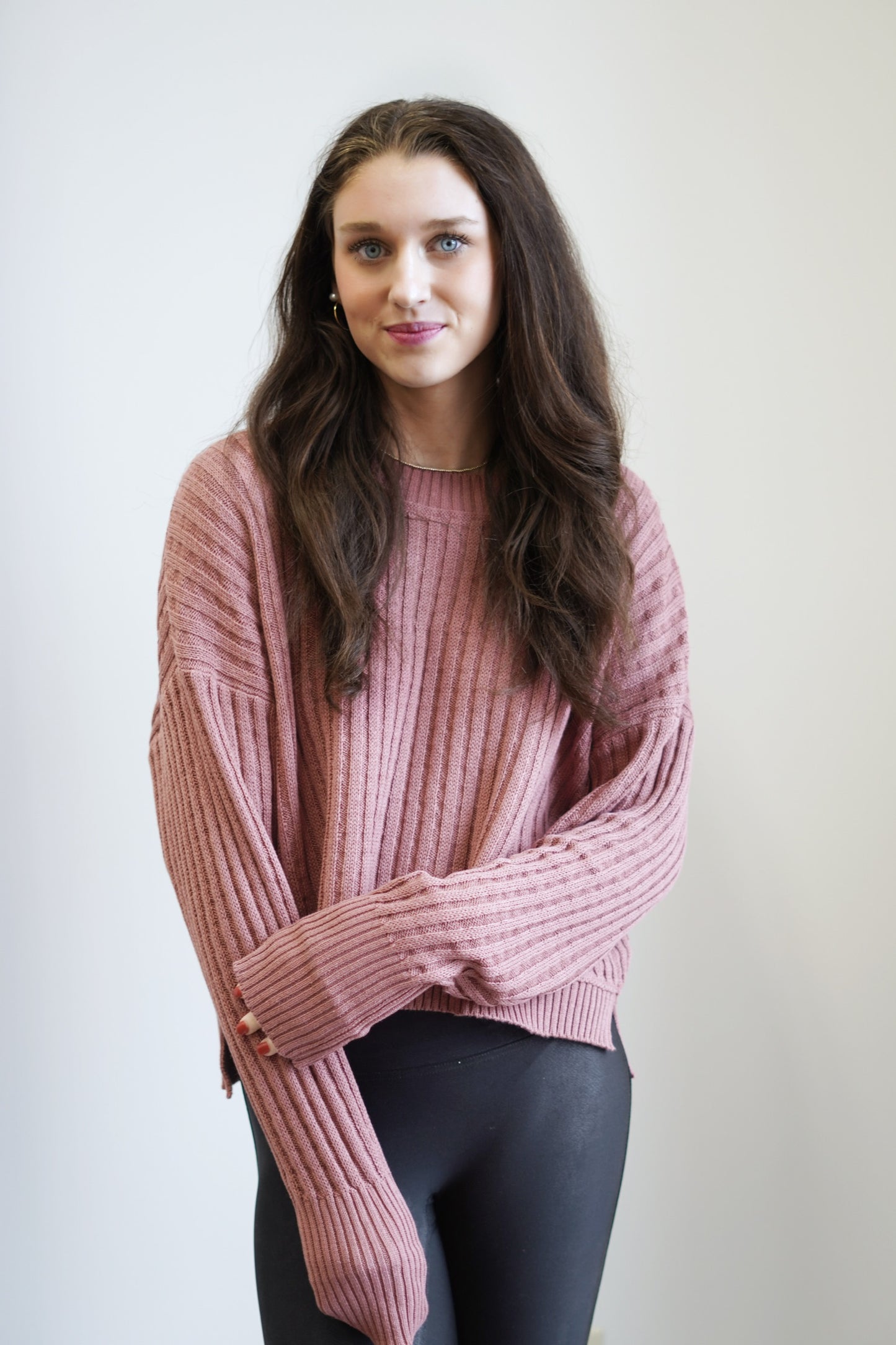 Baylor Pullover Sweater Crew Neckline Long Sleeves Color: Washed Ruby Waffle Knit Material Relaxed Fit Full Length 55% Cotton, 45% Acrylic