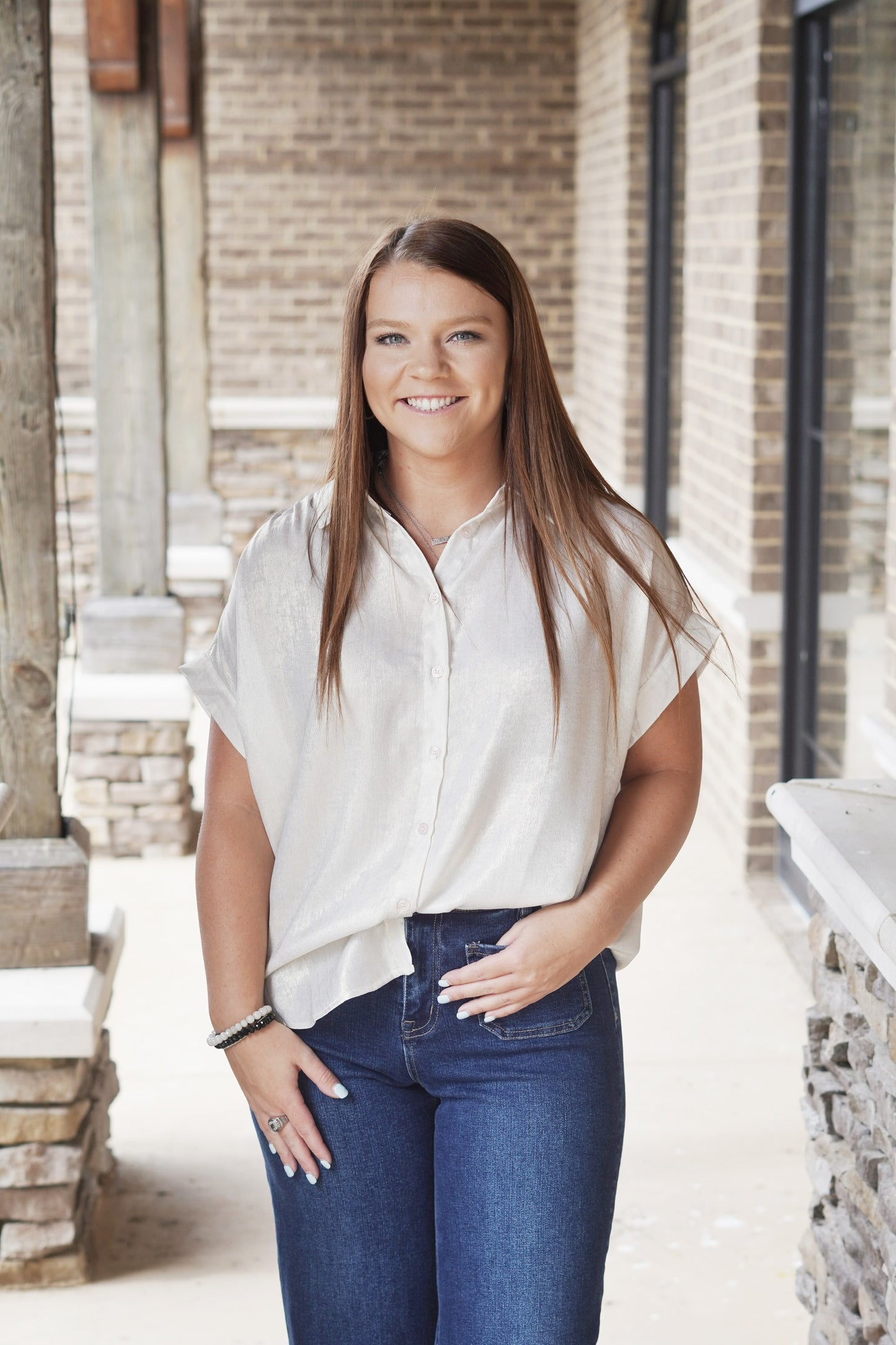 Blaise Button Down Blouse Collar Neckline Button Down Top Short Cuff Sleeves Shimmer detail Full Length Relaxed Fit True To Size Color Options: Pearl, Fabric Content: 95% Polyester, 5% Spandex
