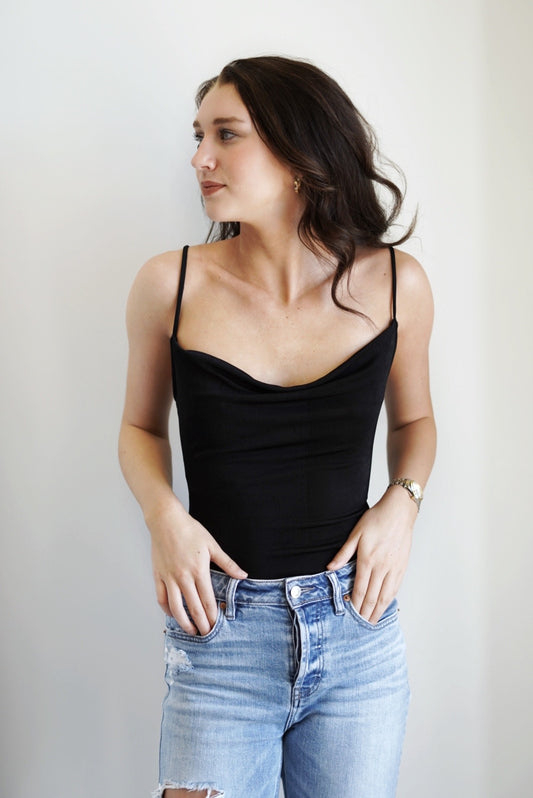 Samantha Sleek BodySuit Cowl Neckline Spaghetti/Adjustable Straps Colors/ Black, Button Closure 95% Polyester, 5% Spandex