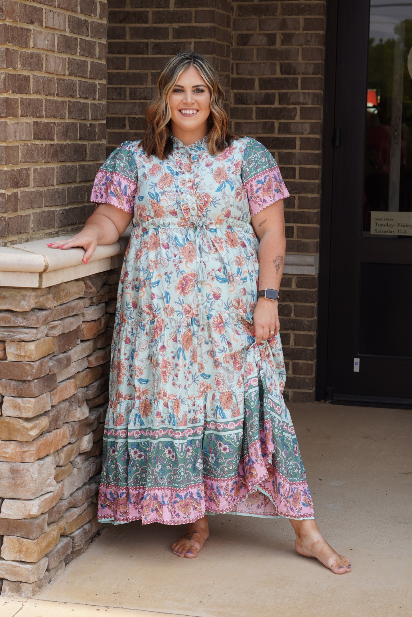 Tina Lush Floral Maxi Dress Ruffle Detail Short Sleeved Sky Blue V-Neck with button closure Waist tie 100% Rayon Hand Wash Cold, Do Not Bleach, Hang or Line Dry