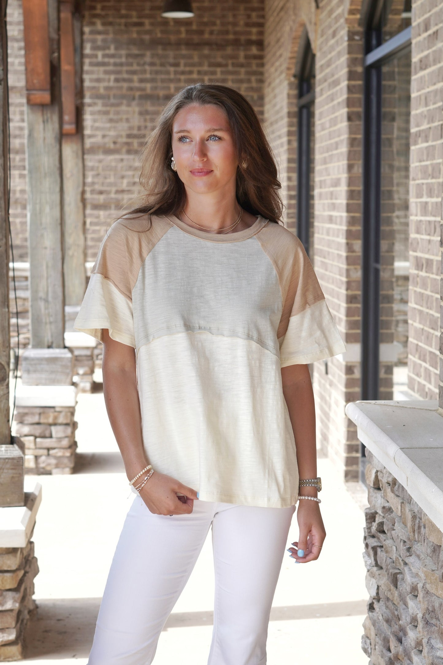 Chloe Color Block Raw Hem top Crew Neckline Short Sleeves Raw Hem Detailing Color Block Colors: Taupe, Olive, Cream Relaxed Fit Full Length 100% Cotton