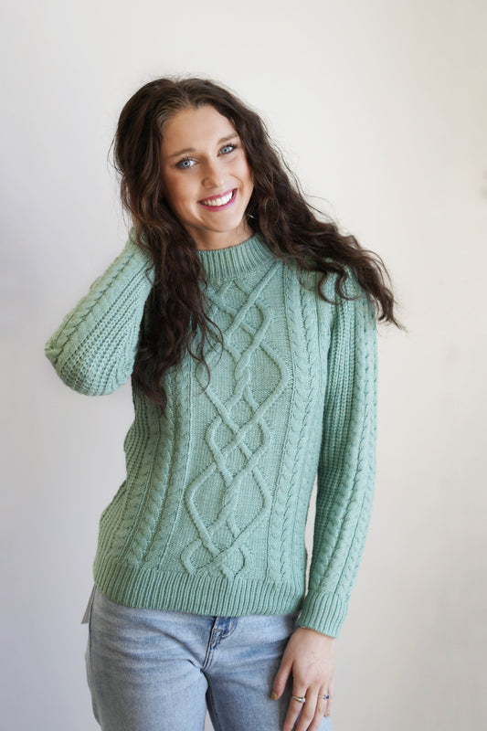 Rosemary Green Cable Knit Sweater Crew Neckline Long Sleeves Subtle Puff Sleeves Color: Rosemary Green  Cable Knit Material Full Length Fitted 45% Viscose, 28% Polyester, 27% Nylon