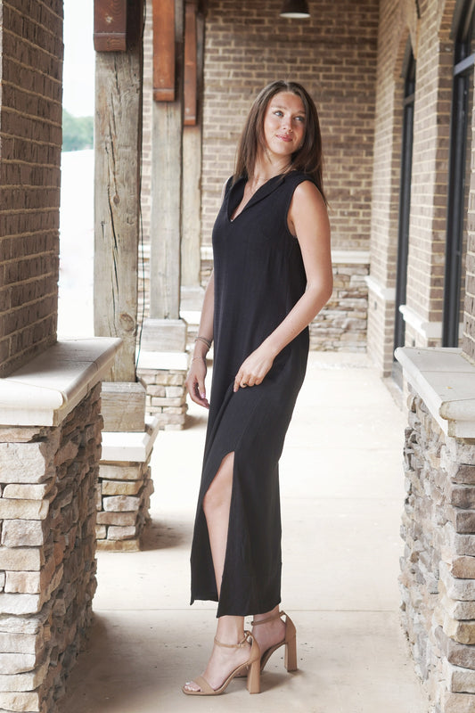 Breezy Linen Maxi Dress Slit V-Neckline Sleeveless Pockets Color Options: Black,  Relaxed Fit Maxi Length Bottom Side Slits 55% Linen, 45% Rayon