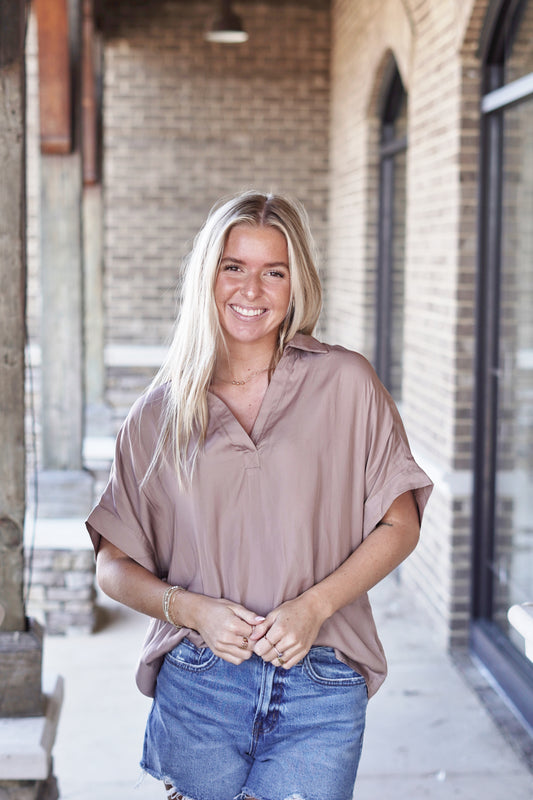 Lola Light Weight Collared Blouse Collared V-Neckline Short Sleeves Light Weight Material Color: Coco Relaxed Fit Full Length 100% Polyester
