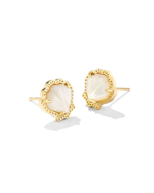 Gold stud earrings in a seashell shape with a ivory mother of pearl stone center, size is 0.42"L X 0.40"W