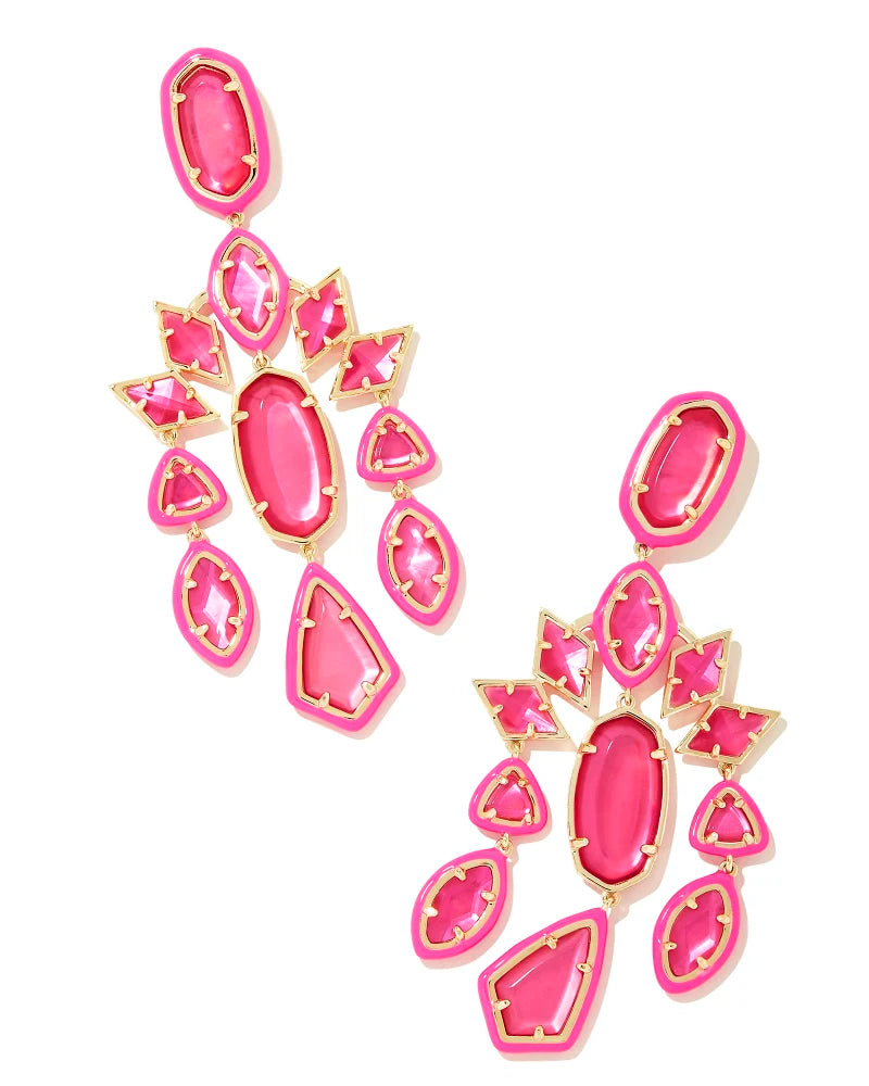Caution: these earrings will cause compliments. With a mixed-shape mosaic design, alluring stones, and colorful enamel frames, the Greta Gold Statement Earrings in Pink Mix have everything you could ever want (and more!). Metal 14K Gold Over Brass Material Pink Mix Closure Ear Post Size 3" L X 1.32" W