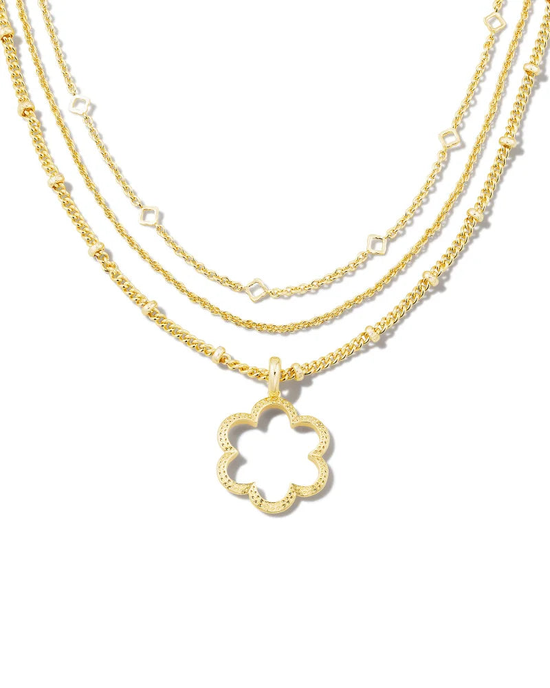 Get the layered look in one step with the Susie Convertible Multi Strand Necklace in Gold. Designed with three textured chains and an open-frame floral pendant, it’s a necessary addition to your growing collection. Plus, it can be worn multiple ways! Metal 14K Gold Over Brass Closure Lobster Clasp Size 16", 18.5", Chains With 3" Extender, , 1.35" L X 1.18" W Pendant
