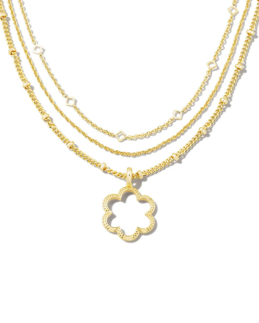 Get the layered look in one step with the Susie Convertible Multi Strand Necklace in Gold. Designed with three textured chains and an open-frame floral pendant, it’s a necessary addition to your growing collection. Plus, it can be worn multiple ways! Metal 14K Gold Over Brass Closure Lobster Clasp Size 16", 18.5", Chains With 3" Extender, , 1.35" L X 1.18" W Pendant