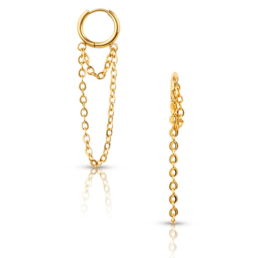 hoop huge gold earrings with drop chain detail