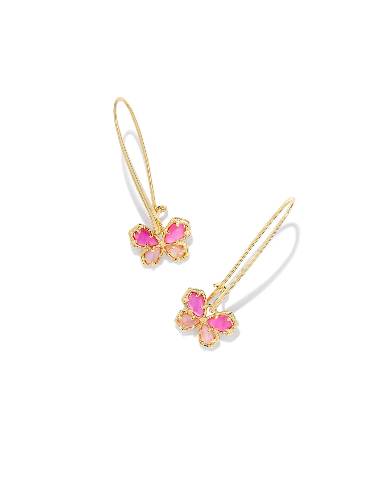 gold wire drop earrings with a butterfly charm in a pink mix color