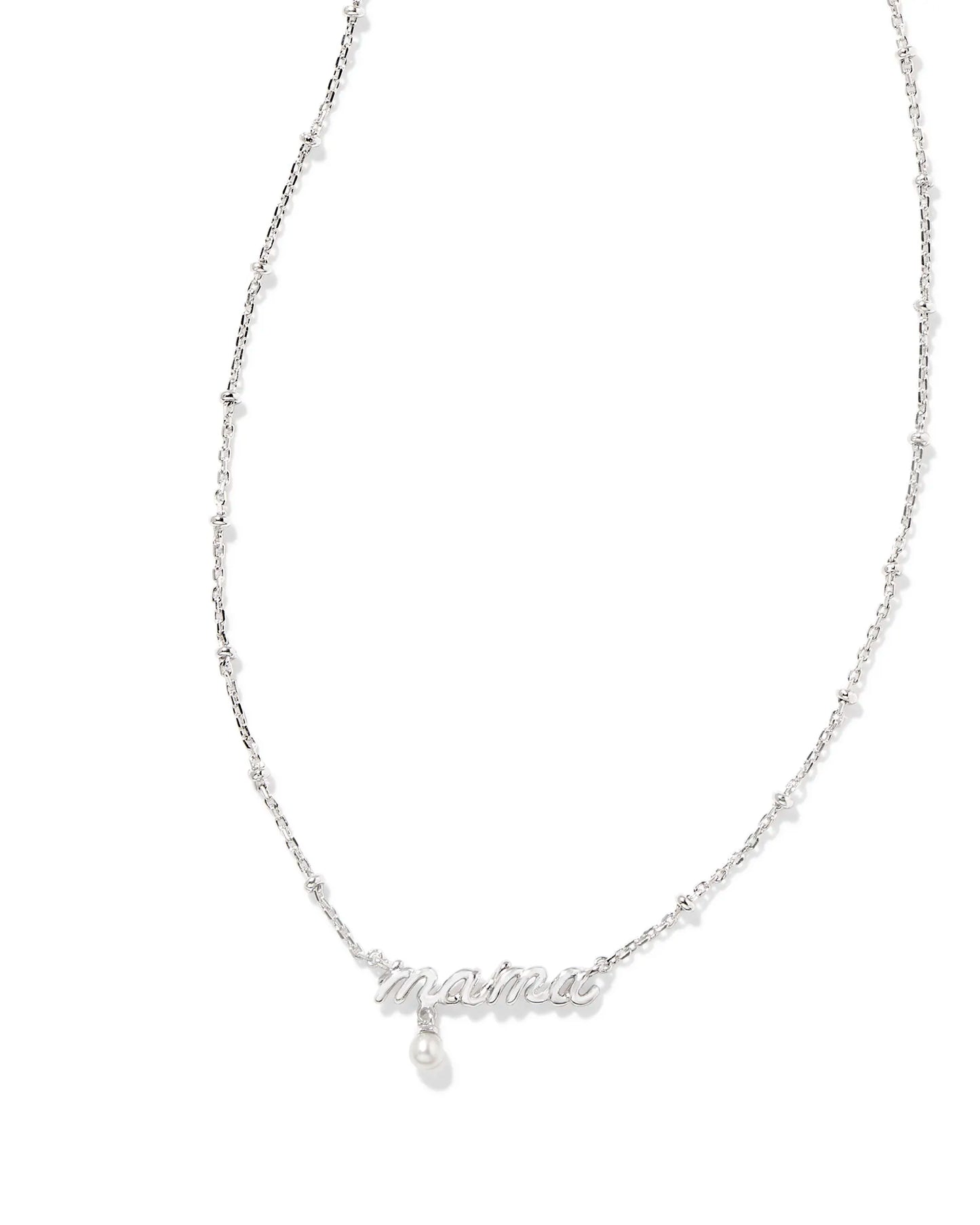 silver charm with "mama" scripted and a pearl charm