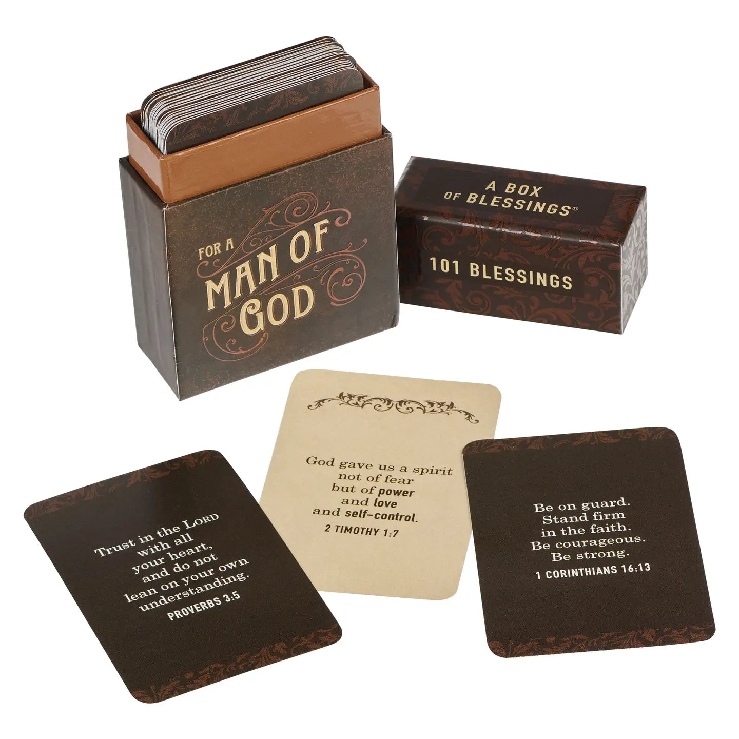 Full-color box with a bold brown design, Tan-lettered title, Man of God Honey-brown and Espresso Collection, 50 double-sided cards, 101 Scripture verses, Full-color print on the box, Full-color print on cards, Sturdy box with lid, Each box shrink-wrapped