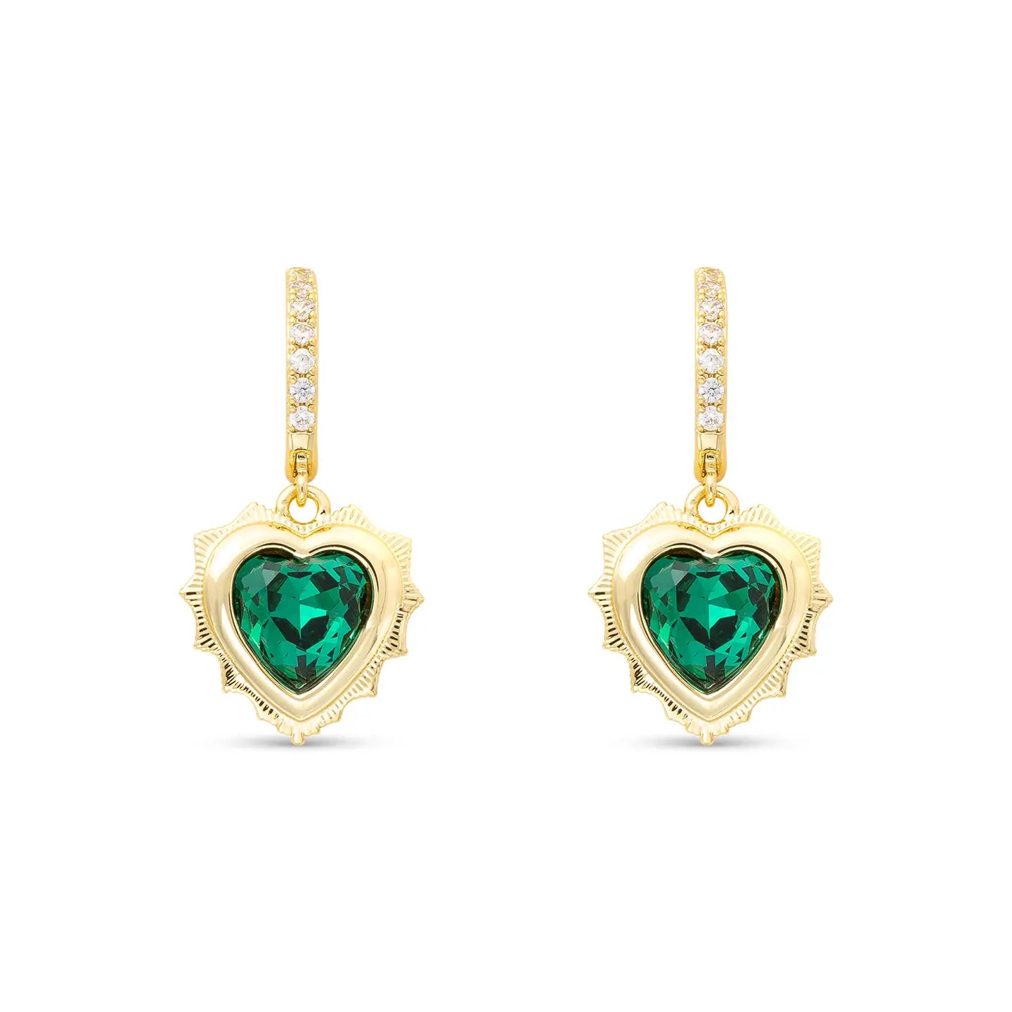 Gold Huggie Earrings with Gold Dangle Heart Pendant Filled with Birthstone Crystal