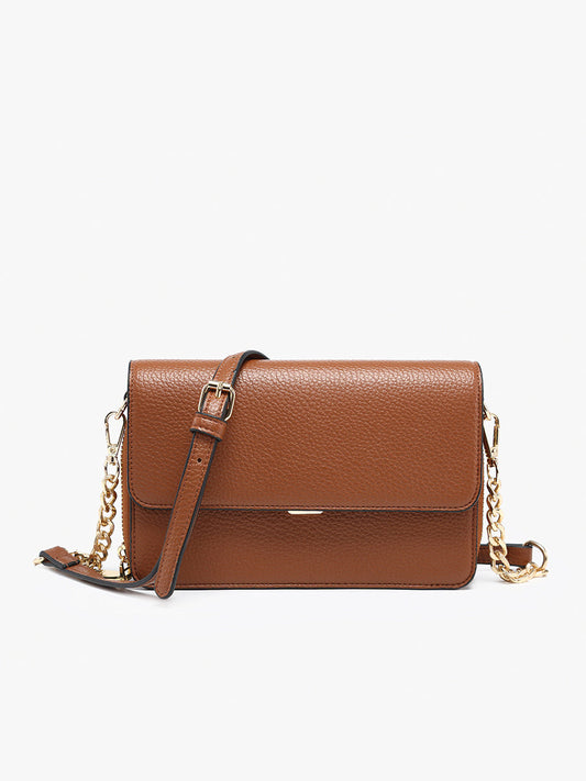 Lauryn Vegan Push-Lock Crossbody, Multi-Compartment, Push-Open & Zip Closure, Chain Strap Detailing, Adjustable/ Removable Strap, Brown Color.